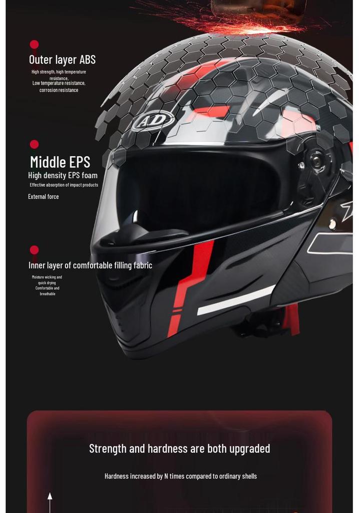 AD Full Face Flip-Up Motorcycle Helmet with LED Taillight, 3C/DOT Certified, All-Season for Men and Women