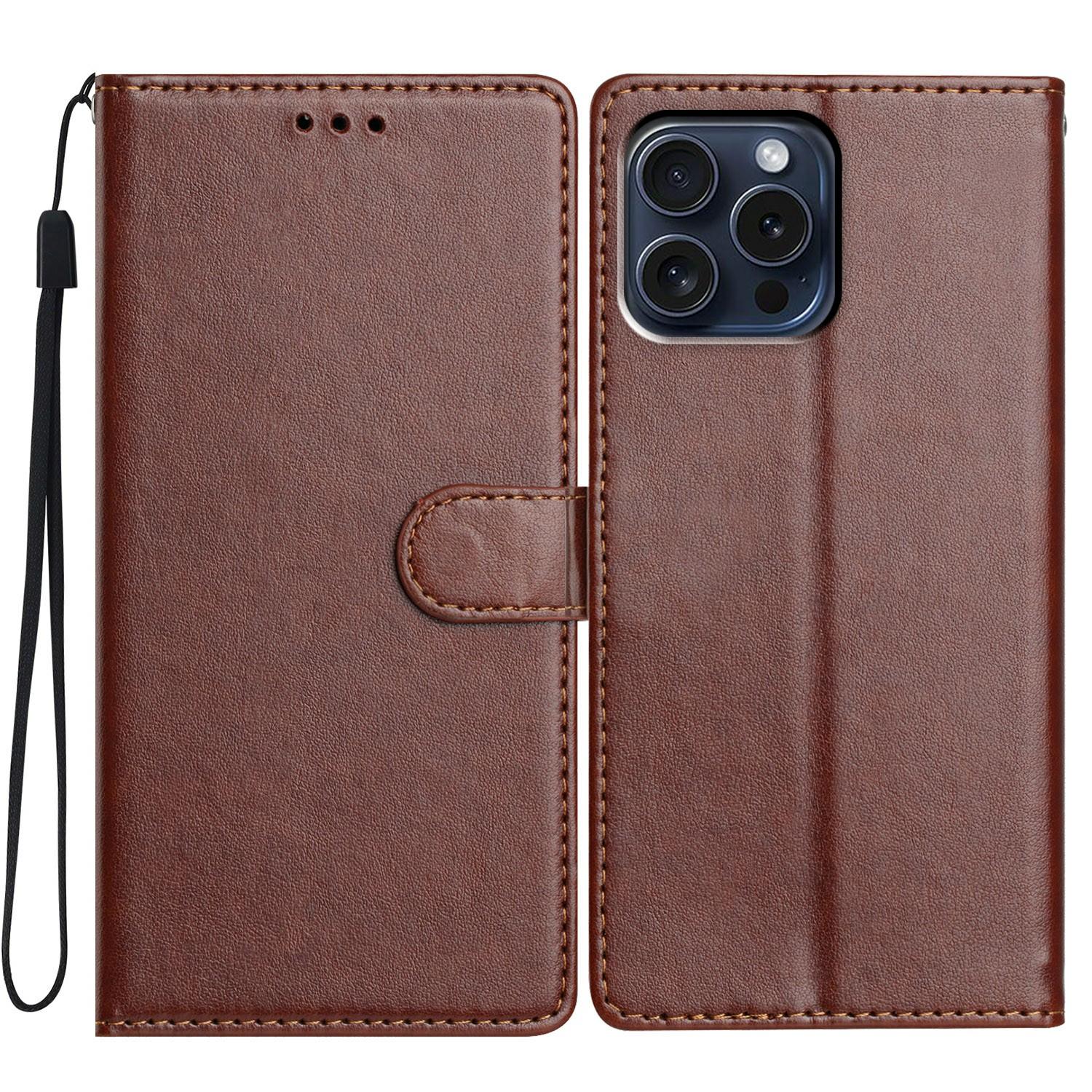 

For iPhone 14 Pro Leather Phone Case Wallet Stand Cover with Handy Strap Brown