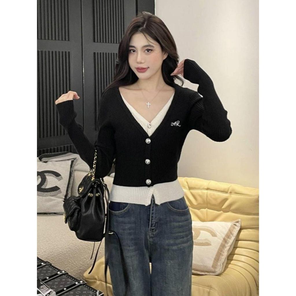 Women's Slim-Fit V-Neck Knitted Cardigan Sweater - Fake Two-Piece, Autumn/Winter 2025