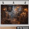 2D Plane Background Cloth for a Skeleton Pirate Ship Cabin with Skeleton Flags and Piles of Skull-shaped Barrels