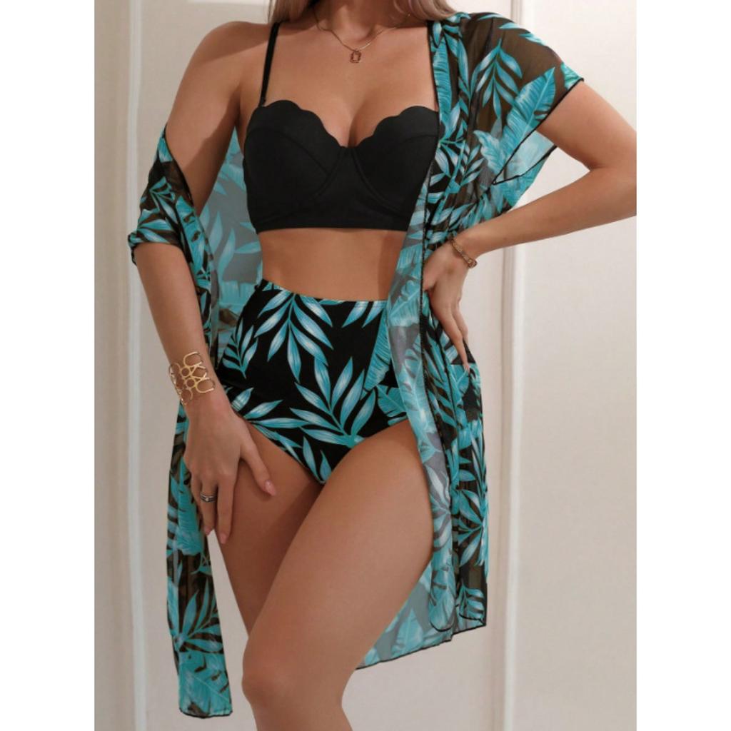 1 Set of Swimsuit Maple Leaf Print High Waisted Mesh Jacket Triangle Slimming Bikini Swimsuit Women's Set