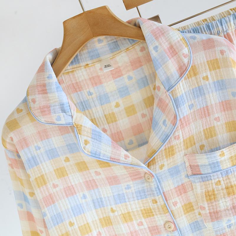 2025 Spring/Summer New Women's Pajama Set 100% Cotton Crepe Collar Love Plaid Long Sleeve Long Pants Home Clothing Set Ladies