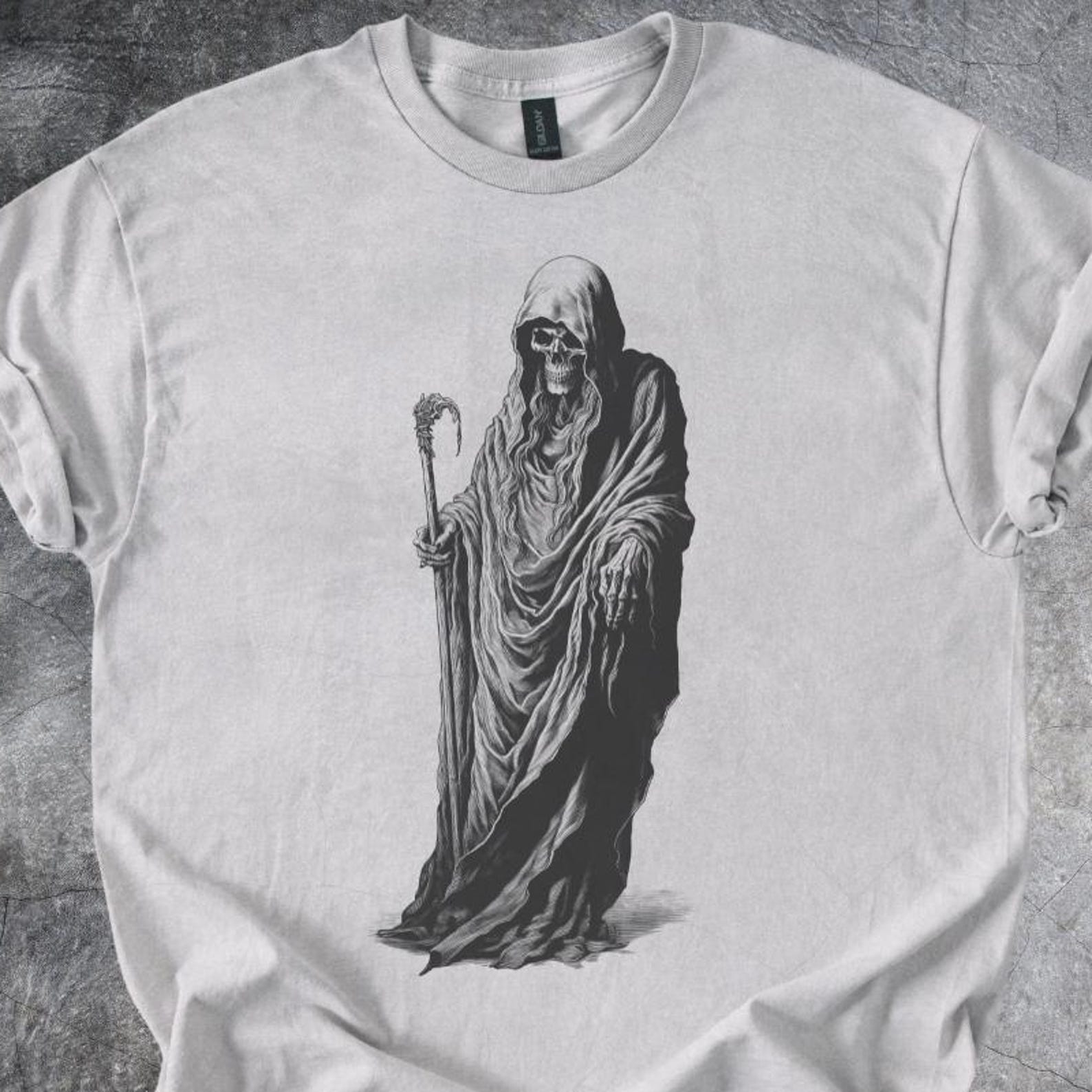 Grim Reaper Cloaked Skeleton Tshirt Dark Art Shirt Gothic Graphic Gray 130