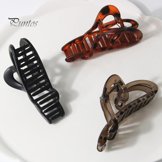 Women Hair Claw Heart Shape Grip Clip Anti-slip Teeth Back Head Hair Clip Transparent Leopard Pattern Large Shark Hair Claw Hair Accessories