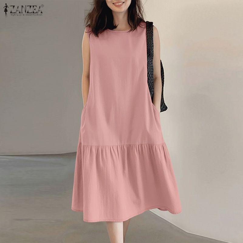 ZANZEA Women Casual Round Neck Solid Color Loose Sleeveless Dress