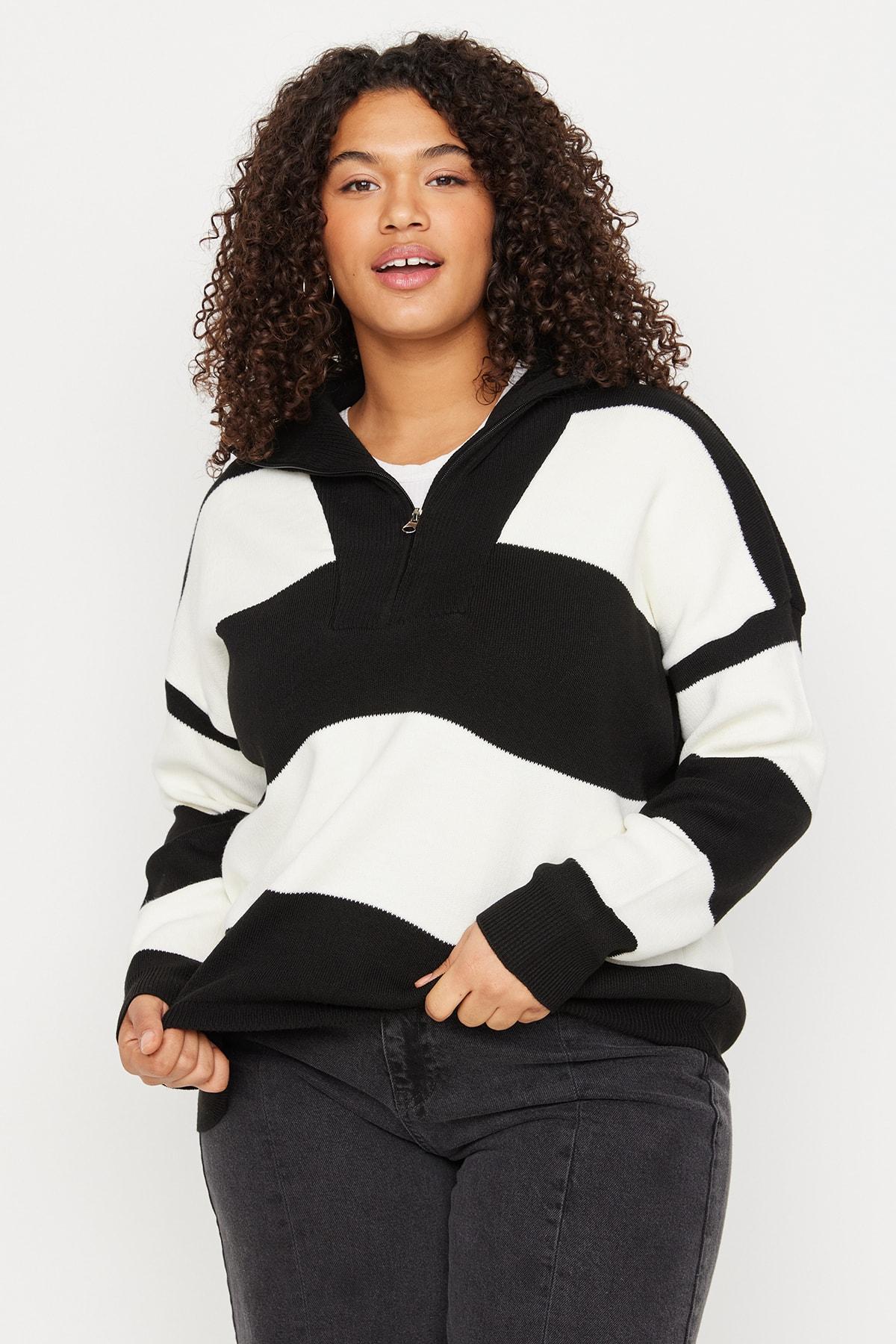 

Women s Fashion New Plus Big Size Sweater Black Striped Zipper Low Shoulder Knitwear Sweater XL