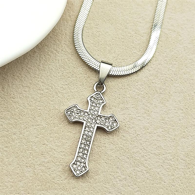 Christian Cross Rhinestones Pendant Necklace for Women Men Gold Color Stainless Steel Catholic Blade Chain Amulet Jewelry