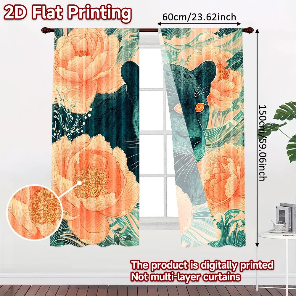 2D FLAT PRINTING 2pcs Curtains (Without Rod) Floral Panther Design Modern Fashionable Curtainments during the Saint Patrick is
