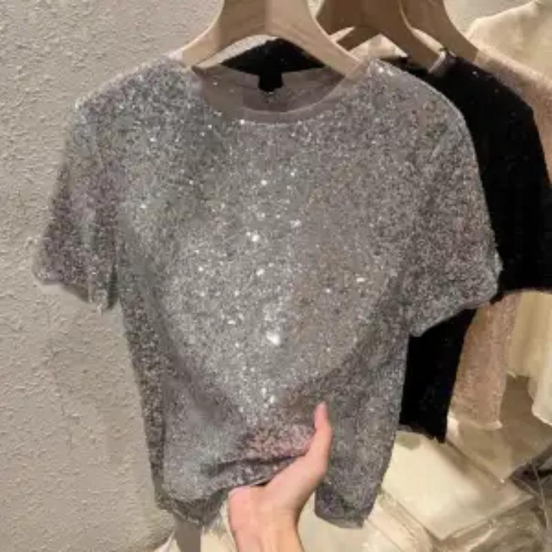 

Летняя новая модная футболка с коротким рукавом и круглым вырезом для женщин, уличный повседневный свободный пуловер с пайетками, лоскутный шикарный топ на молнии XL