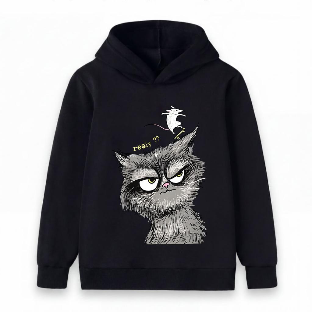 Kids Unisex Boys Girls Pullover Hoodie, Funny Angry Cat Skateboarding Mouse Print Casual Warm Hooded Sweatshirt for Daily Wear Party Gifts 6-12 Years