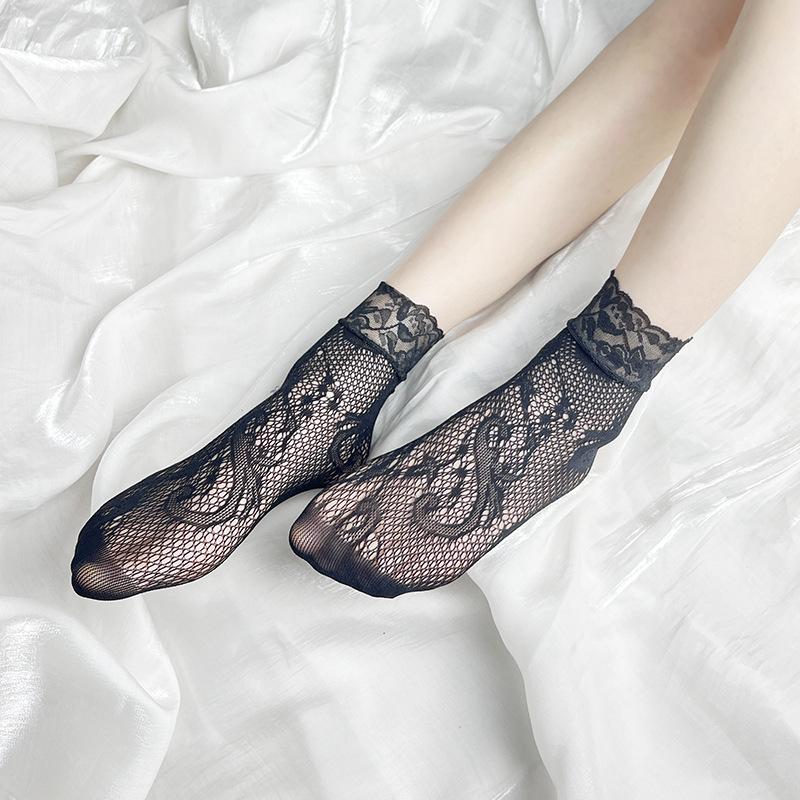 3 Pairs Sexy Black Silk Breathable Fishing Net Lace Short Socks Jacquard Black Short Stockings Women Thin Style Romantic Socks
