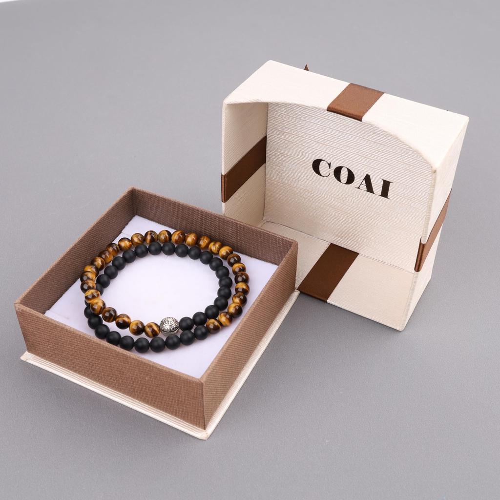 COAI Tiger Eye Matte Onyx Antique Finish Silver Lightning Carving Money Luck Good Luck Charm Double Wrap Power Stone Bracelet for Men and Women