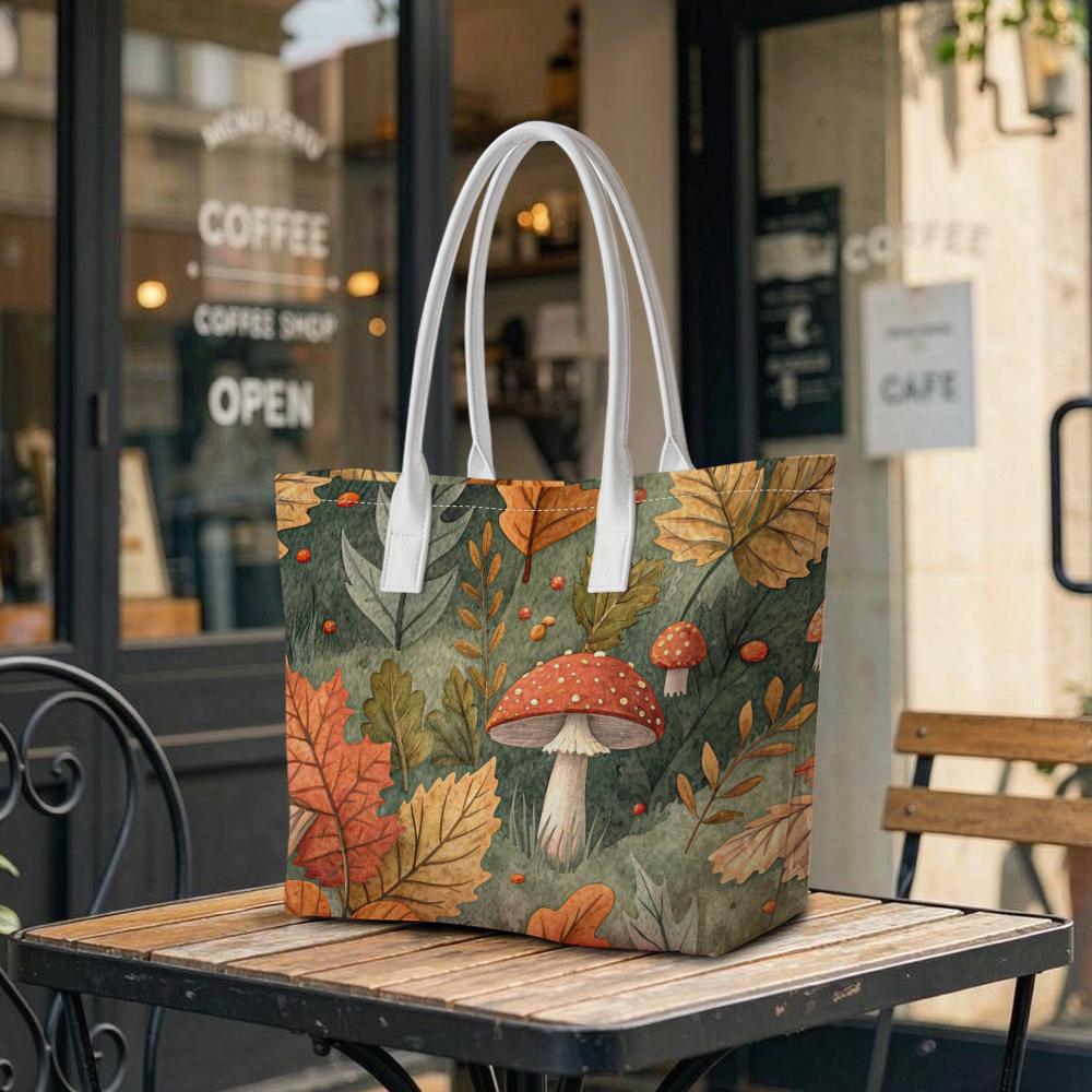 Autumn Mushroom Leaf Print Casual Tote Bag for Women Portable Daily Use Shoulder Bag for Shopping Travel