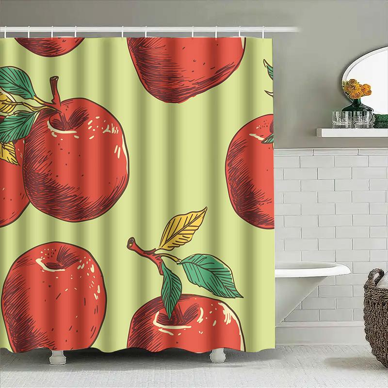 Vibrant Red Apple Print Shower Curtain For Bathroom Decoration Modern Design Home Decor With Green Leaves On Pastel Background S