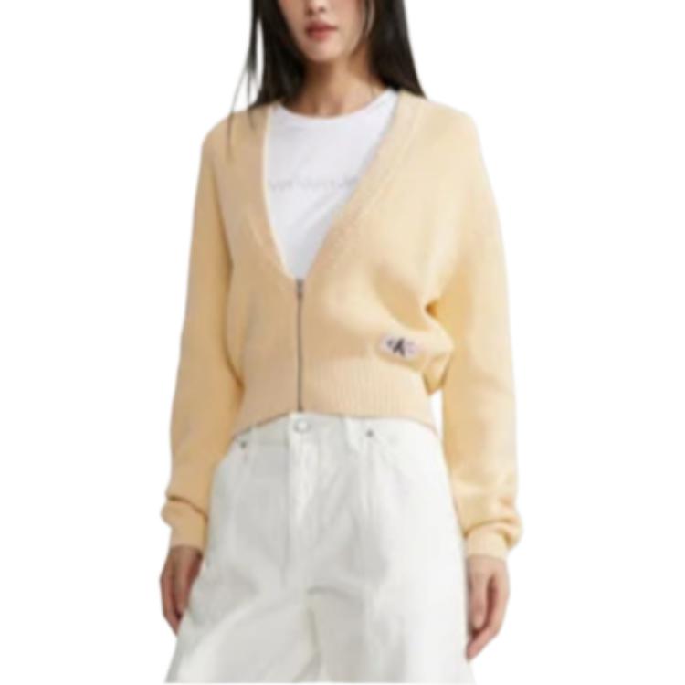Calvin Klein Minimalist Embroidered Logo V-Neck Solid Color Zipper Cardigan Sweater Women Sweater Vanilla-Yellow J222623-ZCY