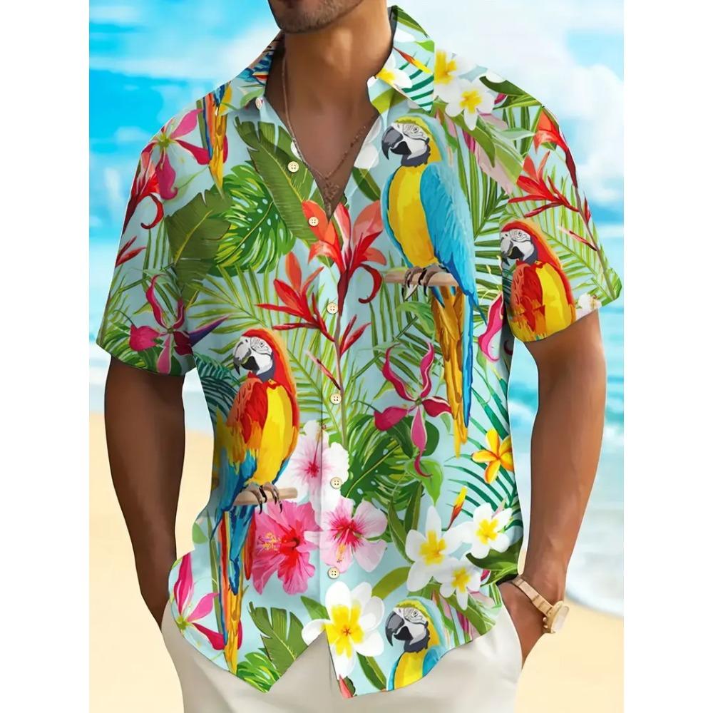 Cămăși Hawái pentru Bărbați cu Imprimeu Tropical Vibrant de Papagal și Flori, cu Mânecă Scurtă, Butonată, Casual, pentru Plajă, Vacanțe de Vară