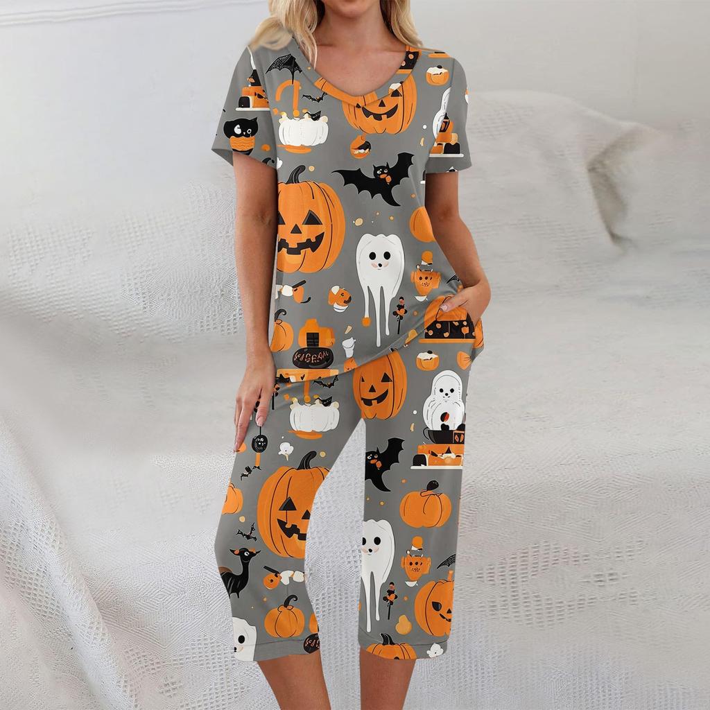 Dvoudílné soupravy pro ženy Krátký rukáv Top a Kalhoty s kapsami Cvičení Měkké Halloweenský potisk Soupravy