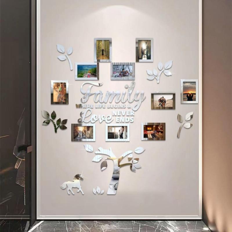Family Tree Wall Decal Sticker - Acrylic 3D DIY Mirror Sticker Photo Frames Quotes Wall Decor Removable Wall Art Decals Decorations for Bedroom