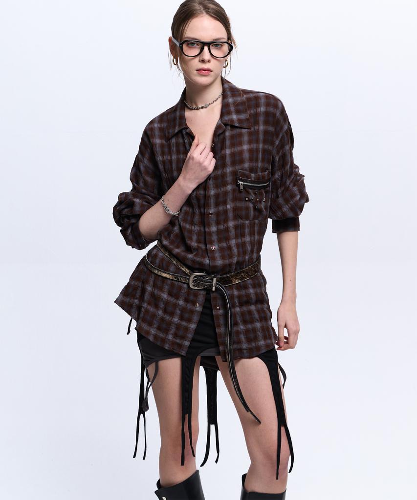 Aleseueseussi Rivet Zipper Check Shirt - Brown