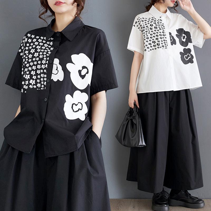 

Spring/Summer Plus Size Patchwork Casual Short Sleeve Shirt One Size белый