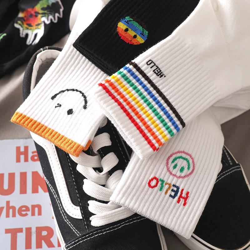 Black Cartoon Korean Women's Mid-Tube Socks - Autumn/Winter Trendy Sports Style, Versatile All-Match White Socks, Popular Among Students.