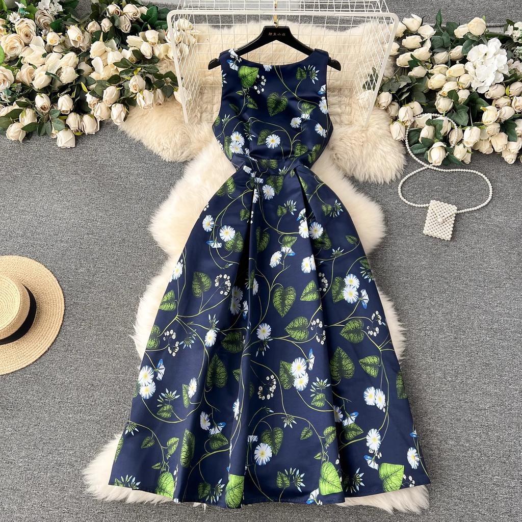Sommermote Blomstervest Midikjole Ermeløs O-hals Tank Blomstertrykk Slim A Line Ballkjole Damekjoler