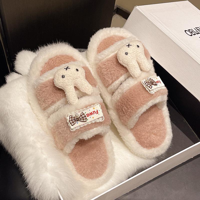 

Design sense color matching cat fluffy slippers women s autumn and winter cute cartoon fashion outer wear home casual plush slippers 36