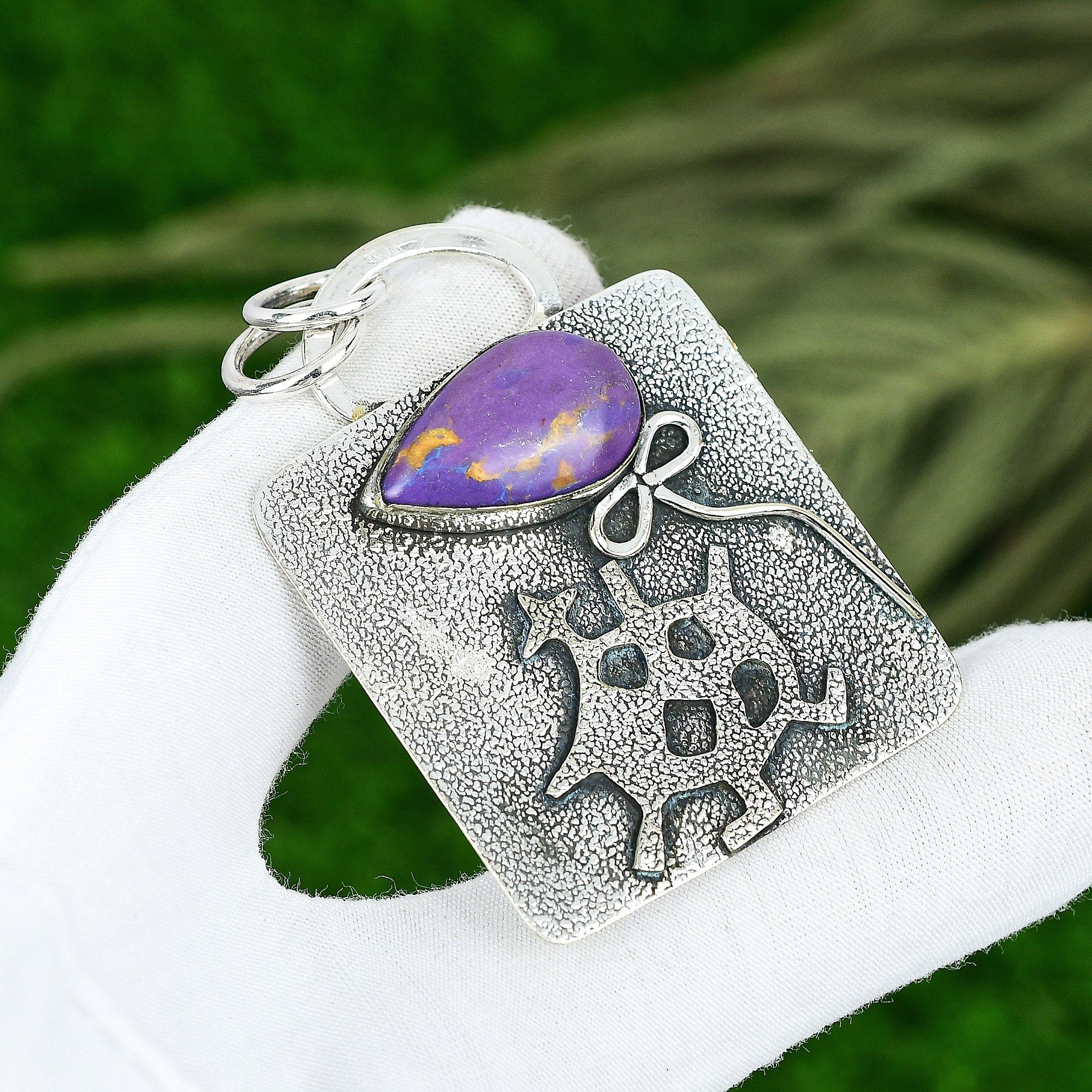 

Friendship Day Sale 925 Silver Copper Purple Turquoise Gemstone Bezel Pendant