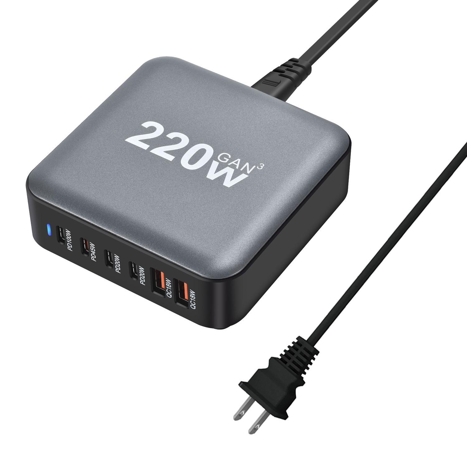 

Зарядная станция-хаб 220 Вт 6 портов USB-C Зарядный блок GaN Быстрая зарядка Многофункциональный настольный US
