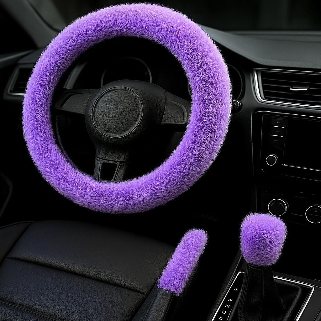 Fluffy Steering Wheel Cover 3PCS Set – Plush Fuzzy Fur Steering Wheel Cover with Gear Shift Cover & Handbrake Cover, Winter Warm Car Accessories,