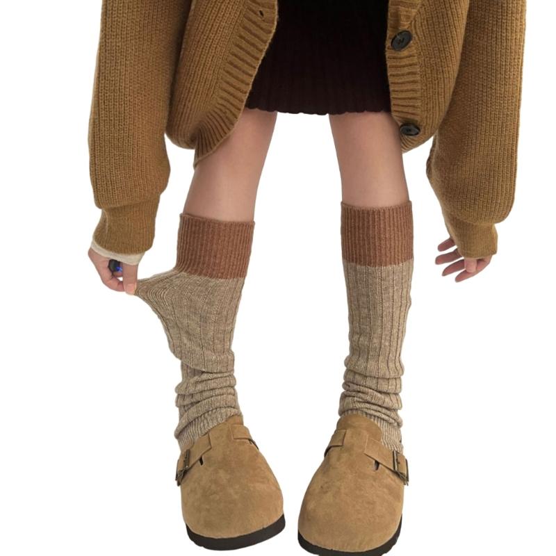 Womens Winter Warm Ribbed Knit Leg Warmers Japanese Style Harajuku Vintage Colorblock Long Boot Socks Thermal Leg Cover
