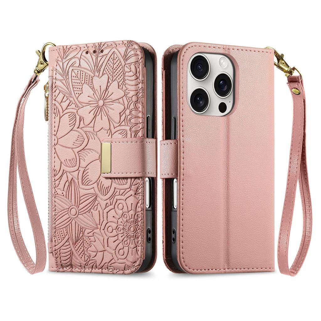 Floral Embossed Leather Wallet Flip Case for OPPO A6 A6X A6T A6S A6C A5 A5X A3 A3X A1 Pro 4G 5G Card Slots and Wrist Strap Cover