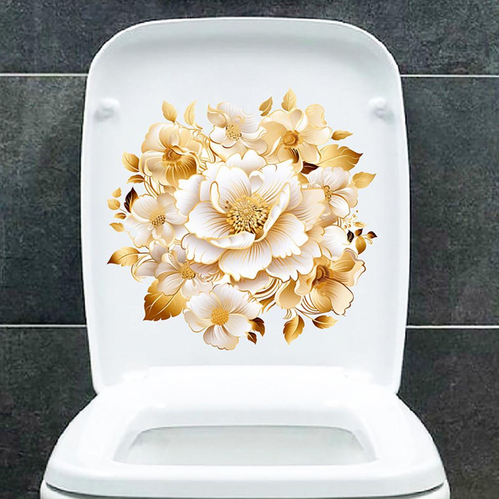 Gold Flower Toilet Seat Lid Sticker Selfs-Adhesive Bathroom Wall Sticker Floral Toilet Lid Decals DIY Toilet Stickers