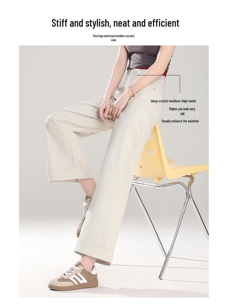 Beige Turn-Up Wide-Leg Cropped Pants - Women's 2025 Spring/Autumn Casual Loose Fit