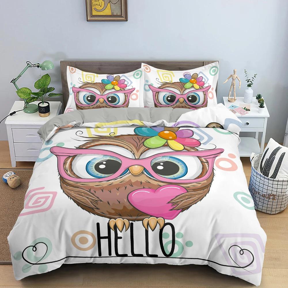 Cartoon Owl Duvet Cover Cute Night Animal For Kids Boys Girls Gifts Owl And Koala Tribal Feather Style Green Bedroom Decorations