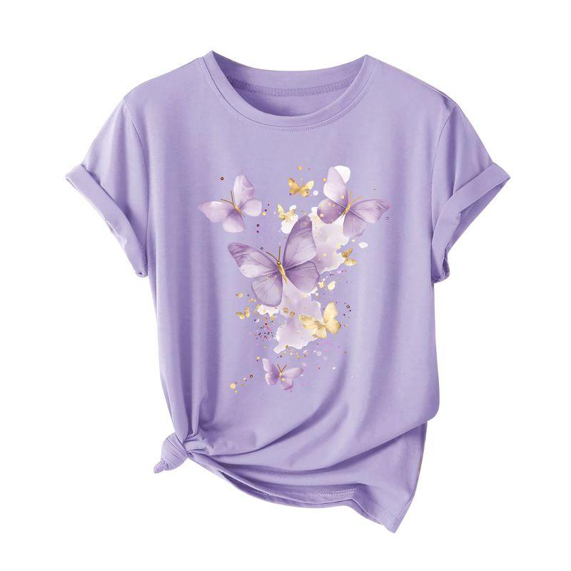 

Women Butterfly Print T-Shirt O-neck Comfortable Top S
