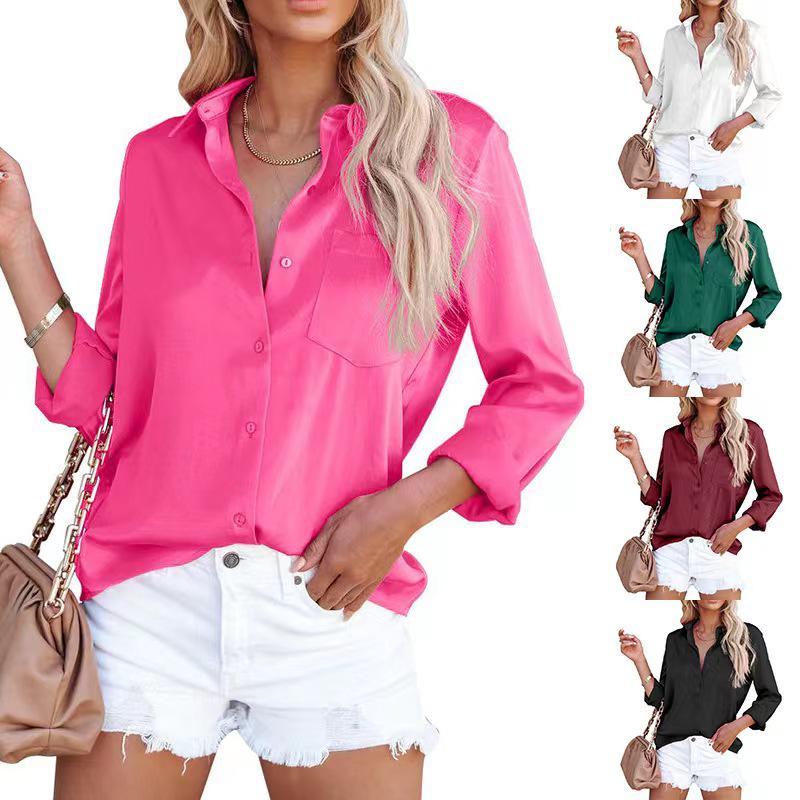 2025 Spring Collection: Women's Solid Color Satin Long Sleeve Business Top