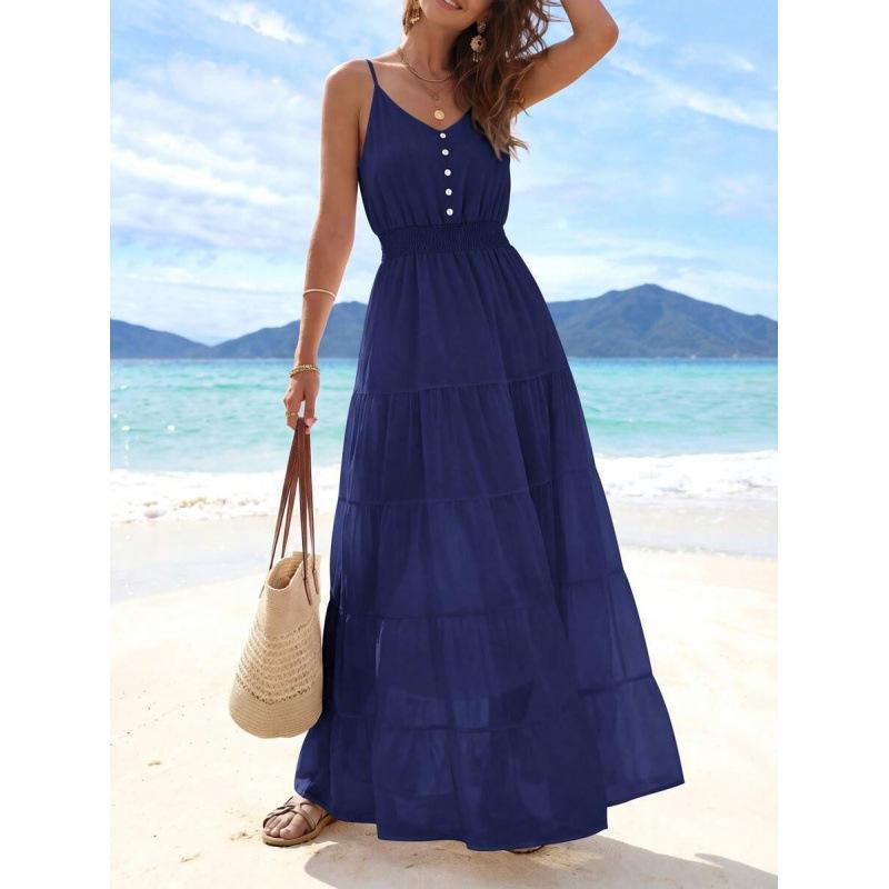 Europe, America 2026 Summer New Simple High Waist and Thin Casual Beach Vacation Suspender Dress