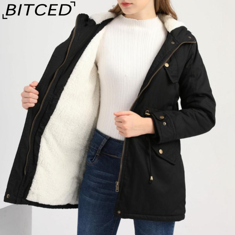 BITCED Autumn/Winter Women's Cotton Coat Solid-Colour Hooded Parka Thick Cotton Coat with Fleece Lining
