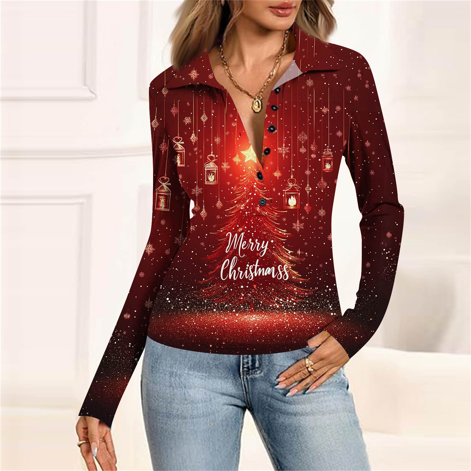 

Женская мода Повседневный принт V-образный вырез Длинный рукав Застегивающаяся на пуговицы блузка XL винный