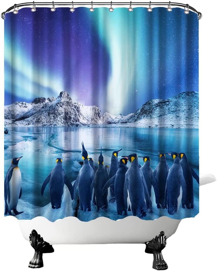 

Пингвин Занавеска для душа Синяя Занавеска для ванной Полярное животное Аврора Занавеска для ванной Водонепроницаемая Полиэстеровая ткань с крючком W90xH180cm