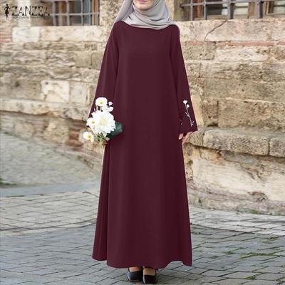 Women Round Neck Casual Floral Embroidery Long Sleeve Loose Muslim Dress
