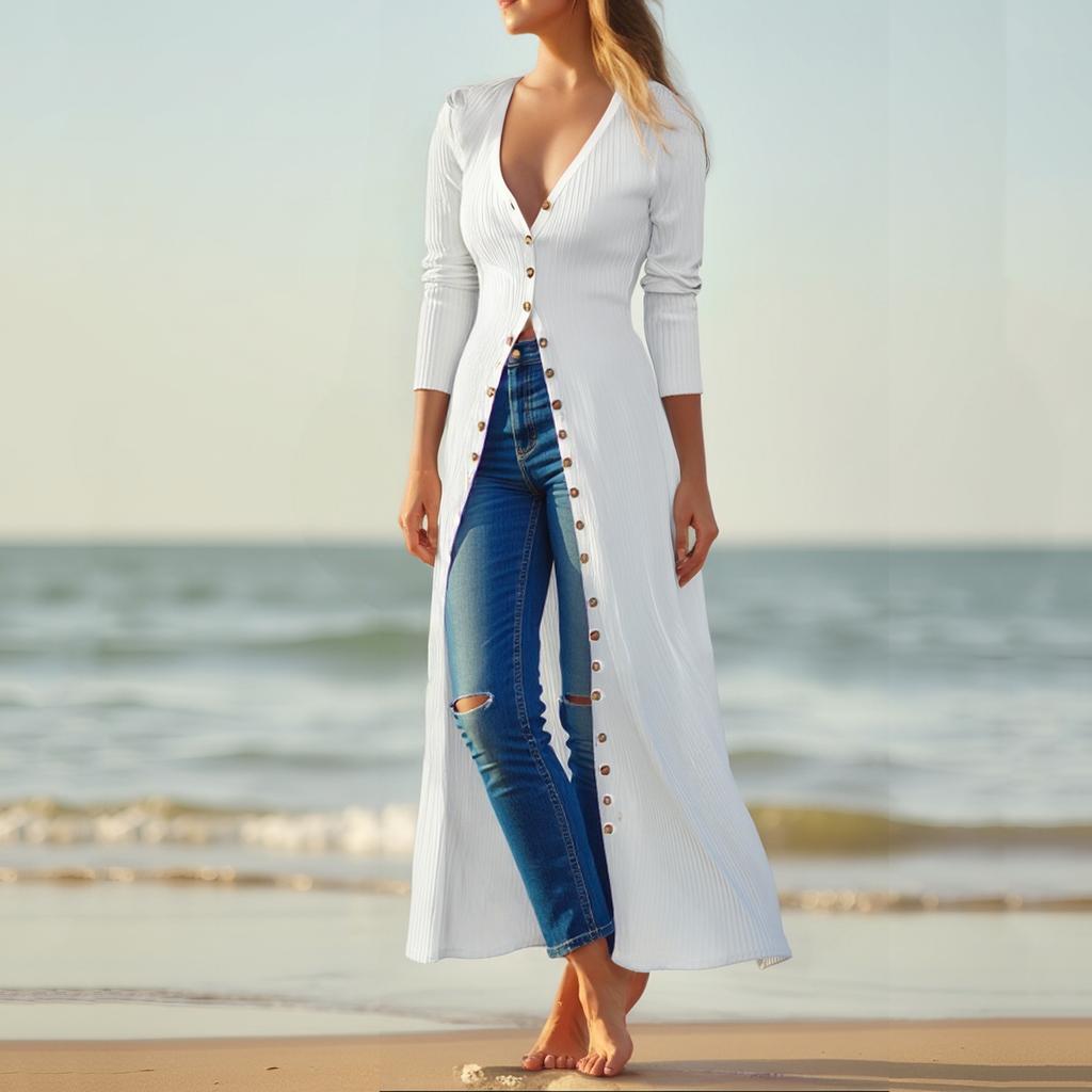 Women's Fashionable Casual Solid-color Long-sleeved Long Cardigan V-neck T-shirt Top