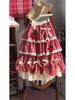 Cherry Patchwork Lace Midi Skirt: Multi-Layered Ruffle Design for Women, 2025 Autumn/Winter Collection