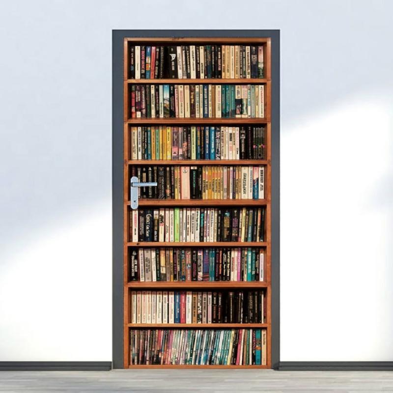 62KD for Creative Door Sticker Bookshelf Bookcase Wallpaper Adhesive Wall Mur