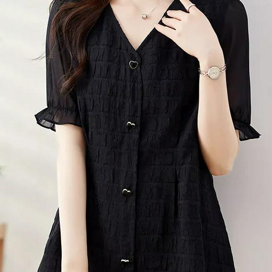 Black Chiffon Short Sleeve Collared Women s Plus Size Stylish Slimming Top L (55-63kg)