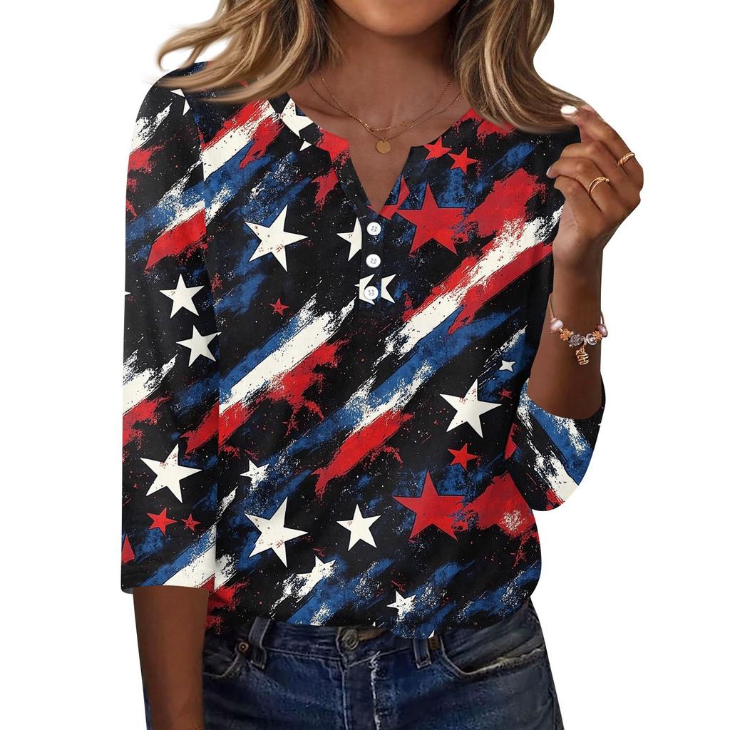 Women's T Shirt Independence Day Print Button 3/4 Sleeve Daily Weekend Fashion Basic V- Neck Regular Top
