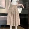 Women Midi Skirt Plaid Print Stitching Design A-Line Skirt Elastic High Waist Retro Style Swing Skirt Daily Wear