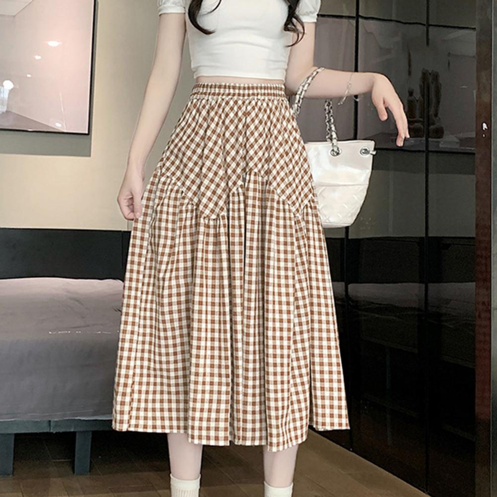 Women Midi Skirt Plaid Print Stitching Design A-Line Skirt Elastic High Waist Retro Style Swing Skirt Daily Wear