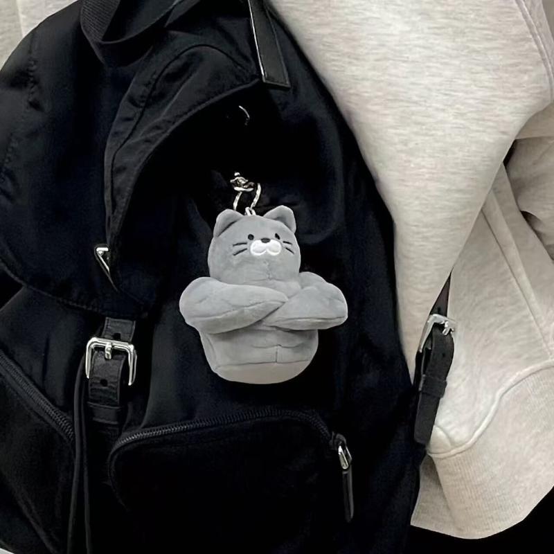 Soft Fluffy Gray Muscle Cat Plush Keychain Cartoon Plush Keyring Bag Pendant Backpack Ornament Gift For Cat Lovers
